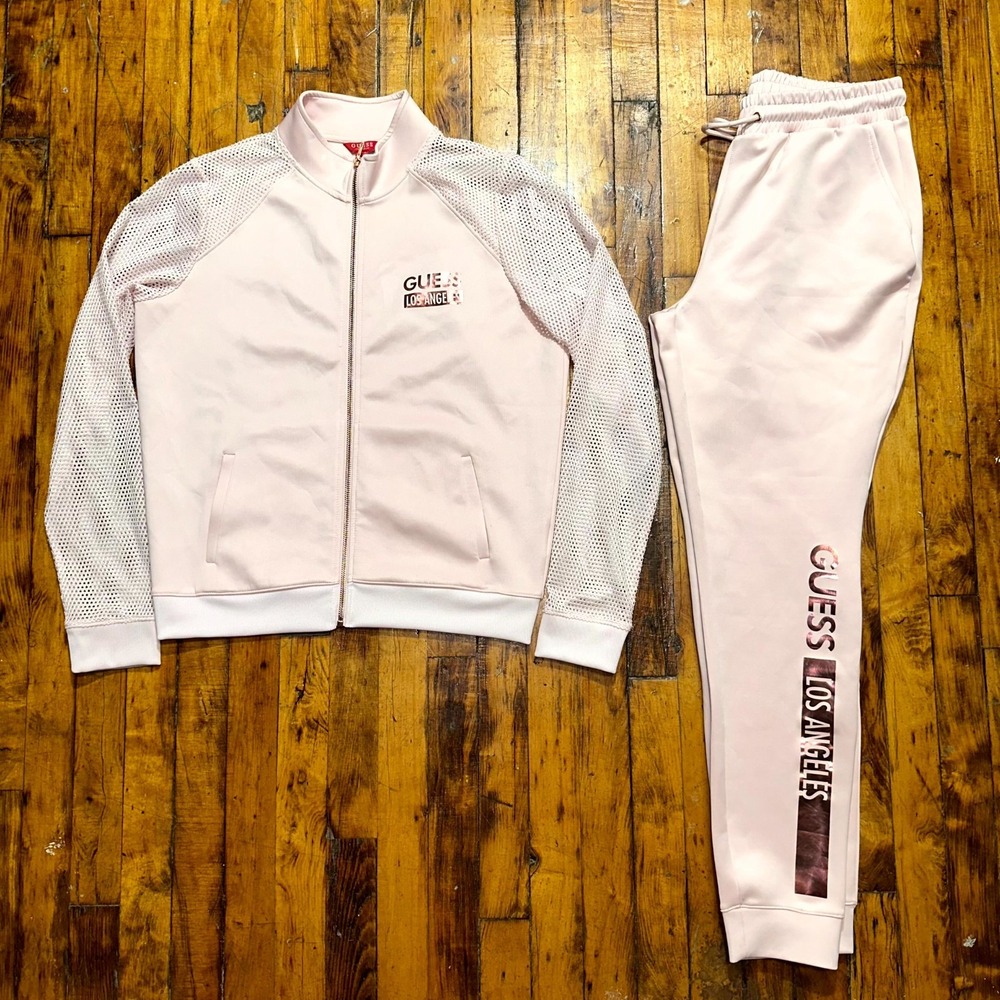 GUESS Los Angeles Tracksuit Women's M Baby Pink Mock Neck Full Zip Activewear